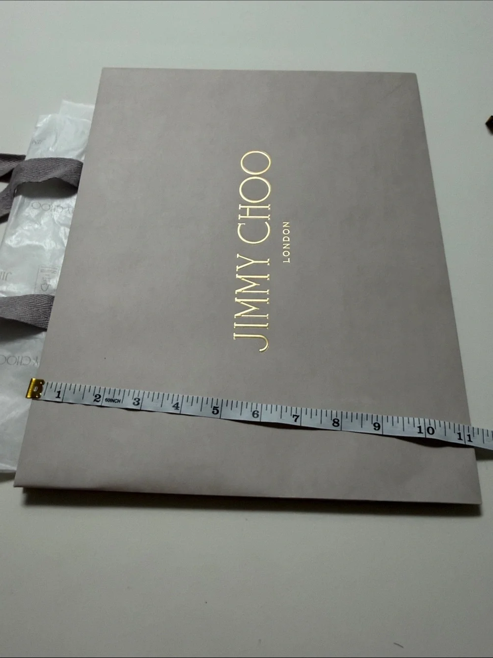 Jimmy Choo strong gift Bag- Taupe with Gold Logo and tissue paper